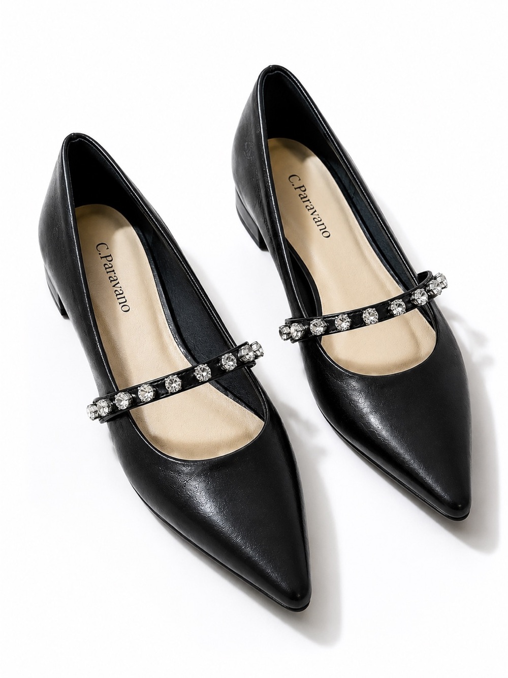 C. Paravano Black Crystal Mary Jane Flats Pointed Toe Lambskin EU 38 US 7.5 - Picture 1 of 12